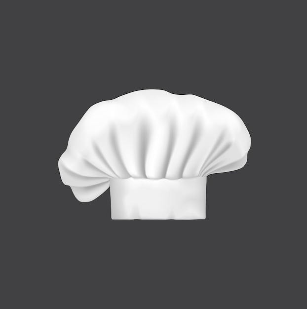 Realistic chef hat, cook cap and baker toque. Restaurant or cafe kitchen worker or costume pleated headwear or uniform element, chef white hat with creases 3d vector mockup or cook profession icon