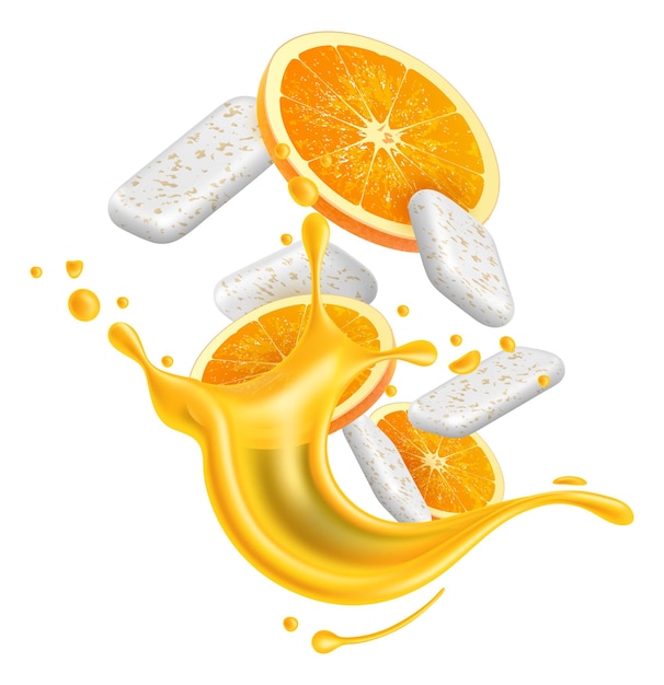 Realistic chewing gum 3D splashes juice and water with bubblegum refreshing pads Fresh fruit pieces Orange slices and liquid splatters Natural taste Vector dental care chewy candies