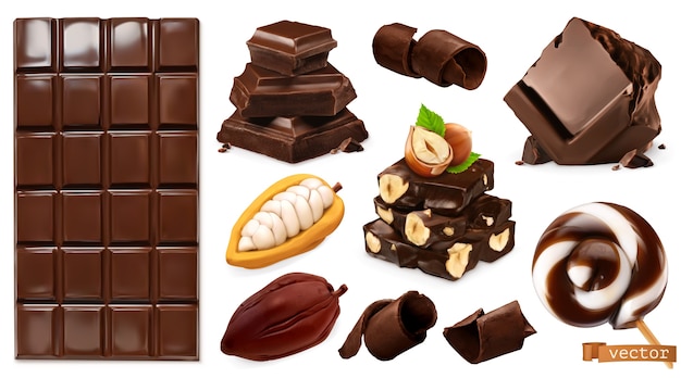 Realistic Chocolate. Chocolate bar, candy, pieces, shavings, cocoa beans and hazelnuts.