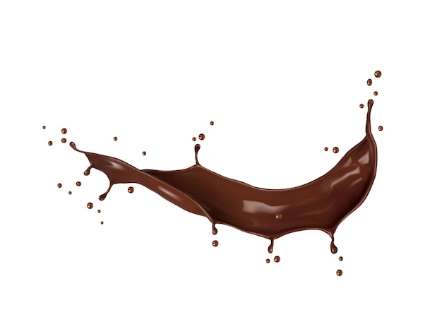 Realistic chocolate long wave splash with drops of choco candy splatter isolated vector Chocolate sweet dessert cocoa drink or choco milkshake wave with splashing droplets in long flow or spill