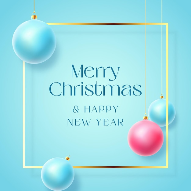 Realistic Christmas Baubles on Blue Pastel Background with Modern Golden Glitter Greetings Frame Template Winter Holiday Decoration Card Mockup New Year 3D Ball Social Media Post or Banner