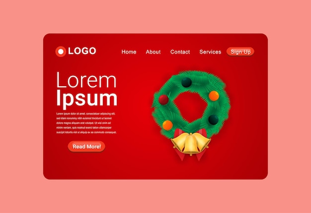 Realistic Christmas Wreath Decoration with Bells Illustration Landing Page Design Template