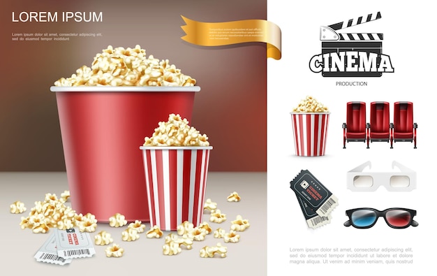 Realistic cinema and movie composition with popcorn in red buckets clapper comfortable seats tickets