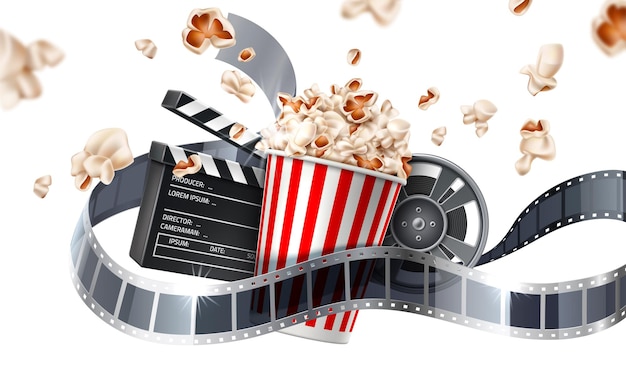 Realistic cinema poster Popcorn bucket clapperboard movie tape and reel flying popcorn in motion