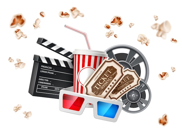 Realistic cinema poster Soda paper cup tape reel clapperboard glasses tickets   flying popcorn