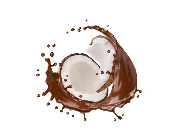 Vector realistic coconut and chocolate milk splash wave flow with splatters vector drink and dessert food 3d hot chocolate cocoa and choco milk shake beverage splash with tropical coconut fruit halves