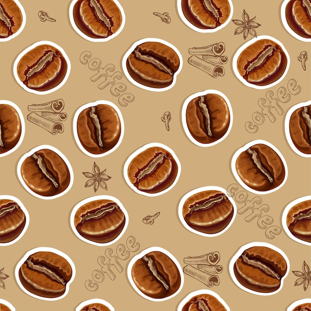 Realistic coffee beans and sketch kalligraphy seamless background