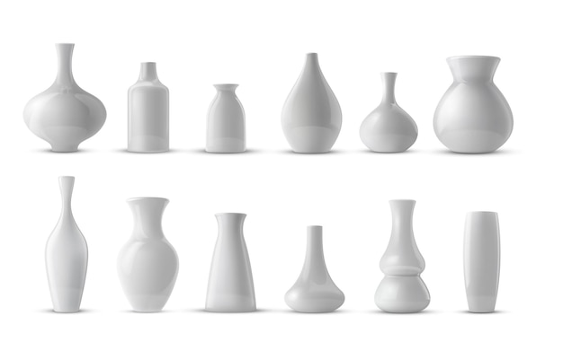 Realistic collection of white ceramic porcelain vase 3d ceramic glossy pot set