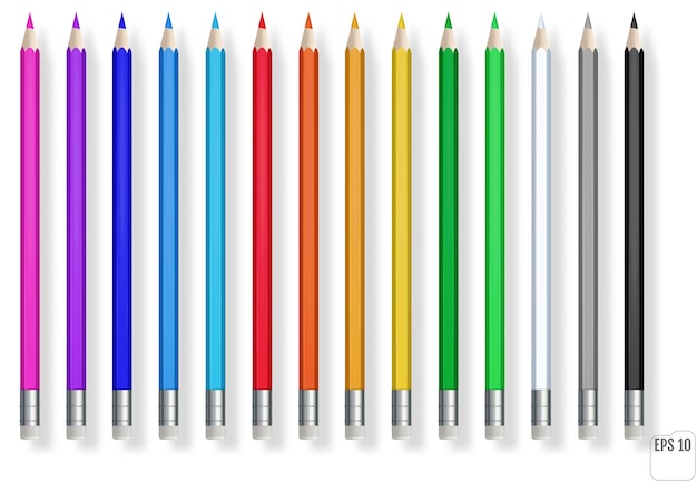 Realistic color pencils. Blue, green, red, yellow wooden pencil for school education.