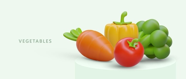 Vector realistic colored vegetables carrot broccoli tomato paprika vegetarian ingredients