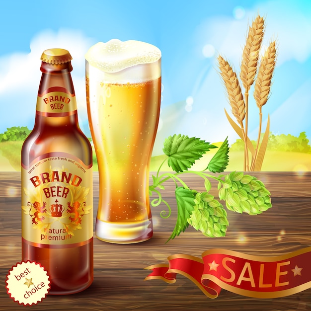 realistic colorful background, promotion banner with brown bottle of craft beer 