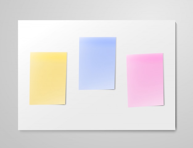  realistic colorful blank paper sheets on light grey board. Kanban taskboard for agile scrum management.