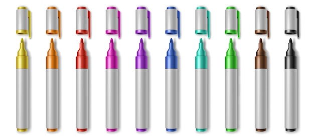 Realistic colorful markers with open caps drawing pen palette Stationery highlighters set