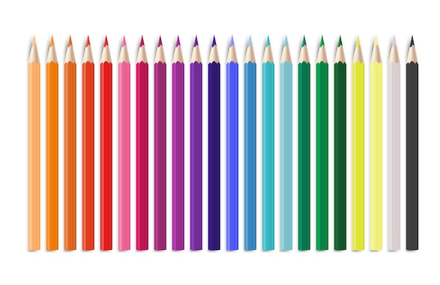 Realistic colorful pencil Office or school items arranged in line by colors bright rainbow creative childish wooden tools stationery for painting and arts vector isolated illustration