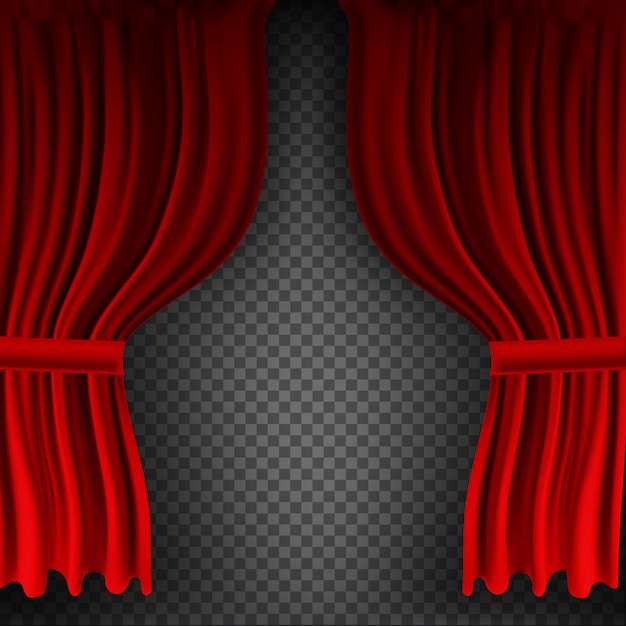 Realistic colorful red velvet curtain folded on a transparent background. Option curtain at home in the cinema.  Illustration