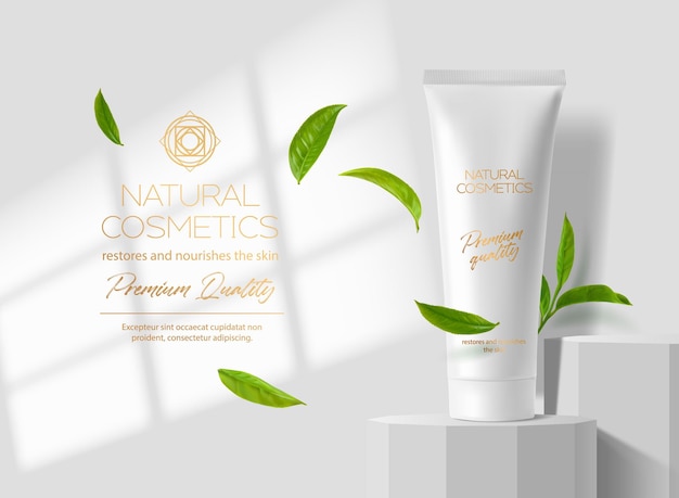 Vector realistic cosmetic cream tube and leaves on podium