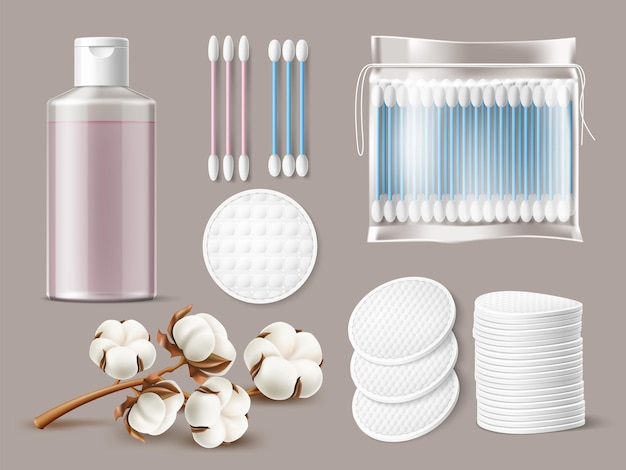 Vector realistic cotton wool products cleansing lotion bottle cosmetic soft discs and pads ear swabs packaging cotton twig hygiene products beauty and skin care 3d elements utter vector set