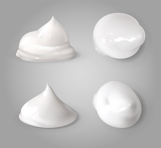 Realistic cream foam. White mousse or foaming milk gel drops light ointment beauty product texture forms