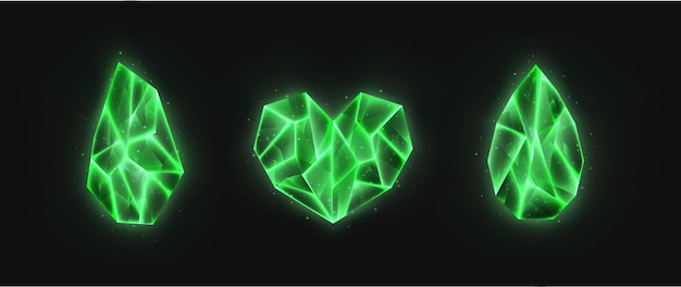 Vector realistic crystals set green glowing gems collection