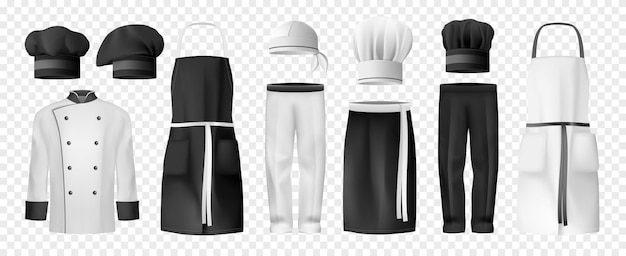 Vector realistic culinary clothing transparent icon set black and white tunic hats chef aprons pants vector illustration