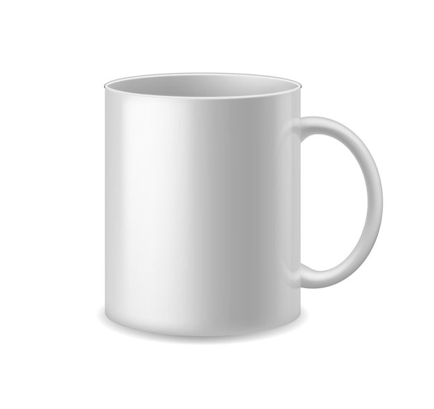 Realistic cup White ceramic mug with handle coffee or tea Empty simple clean porcelain utensil with shadows advertise and presentation template for branding vector 3d single isolated illustration