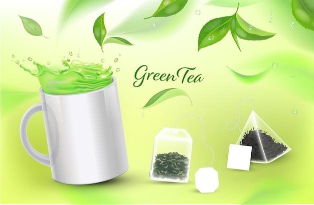 Realistic cup with green tea and tea bags and tea leaves Vector illustration