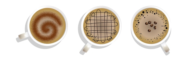 Realistic cups of coffee and cappuccino from top view on white background - Vector