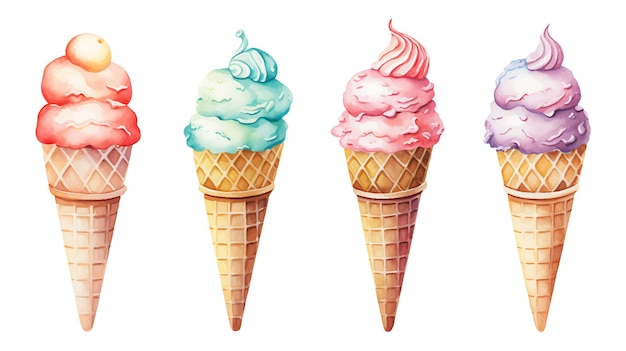 Realistic cute watercolor summer ice cream set on a white background