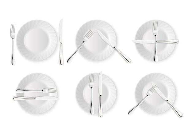 Realistic cutlery and signs of table etiquette, vector icons isolated on white background. Fork, knife and dish plate set. Design template, mockup of tableware. Top view.