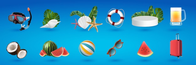 Realistic d vector summer holidays symbols objects set vacation realistic icons set with beer mug di