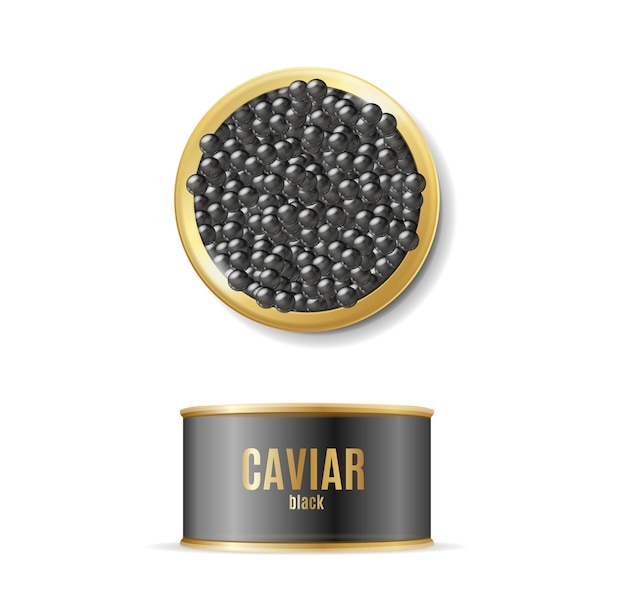 Realistic Detailed 3d Black Caviar Can Set Open and Closed View Vector illustration of Fish Roe