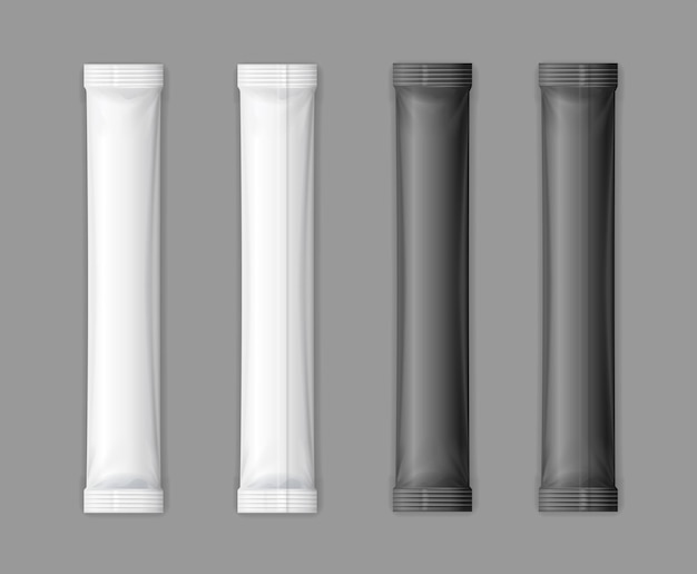 Realistic Detailed 3d Black and White Matte Sachet Stick Set Empty Template Mockup on a Transparent Background Vector illustration