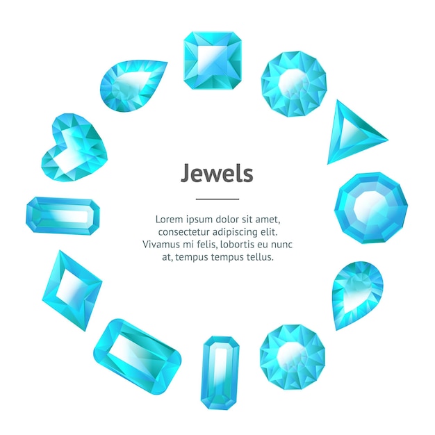 Realistic Detailed 3d Blue Jewels Banner Card Circle Different Types Gem or Crystal for Luxury Jewelry Vector illustration of Precious Stone