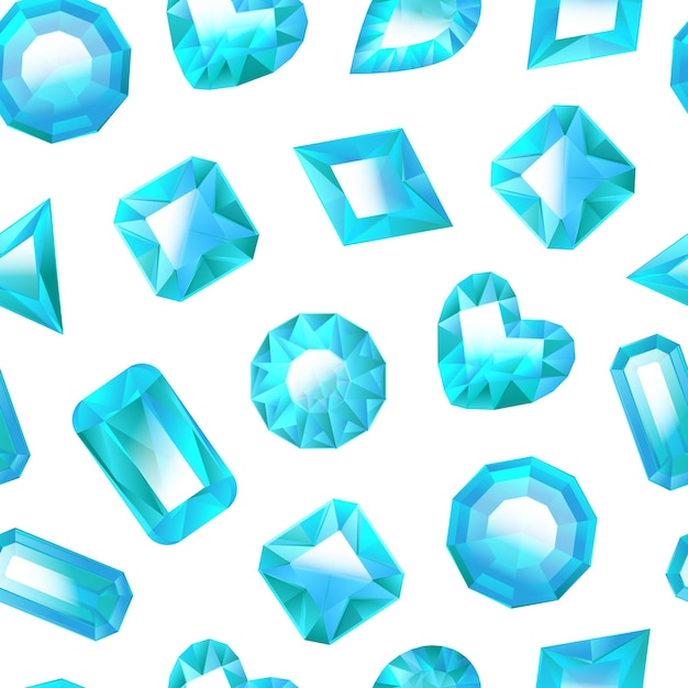 Realistic Detailed 3d Blue Jewels Seamless Pattern Background on a White Different Types Gem or Crystal for Luxury Jewelry Vector illustration of Precious Stone