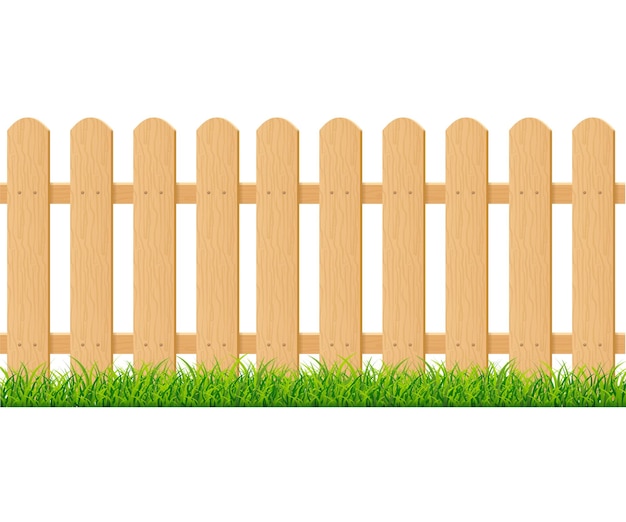 Realistic Detailed 3d Brown Wood Fence with Green Grass Element of Garden and Farm Vector illustration