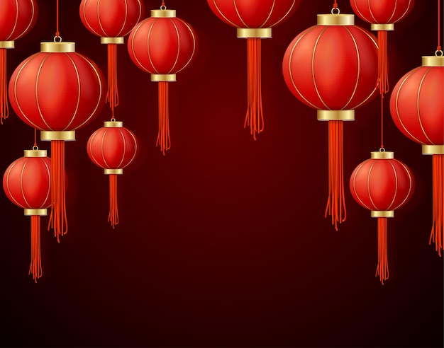 Realistic Detailed 3d Chinese Red Paper Lantern Background Card Lunar Happy Chinese New Year Concept Vector illustration