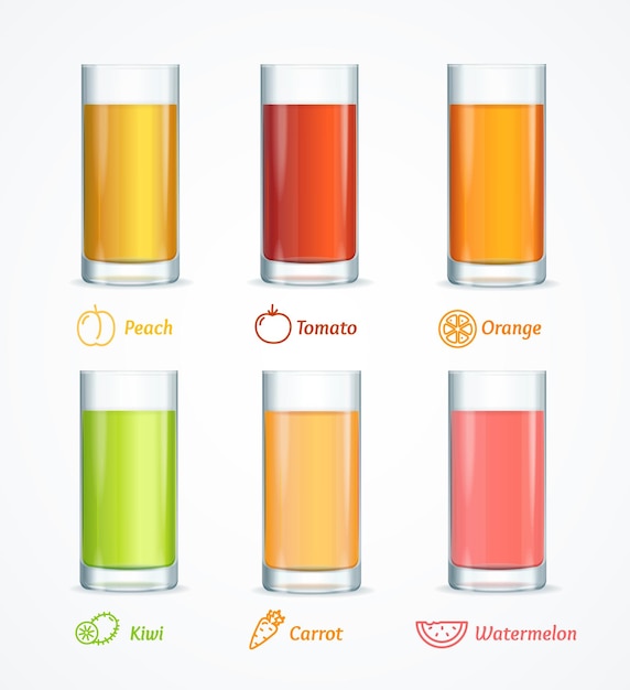 Realistic Detailed 3d Different Juice Glass Set Vector