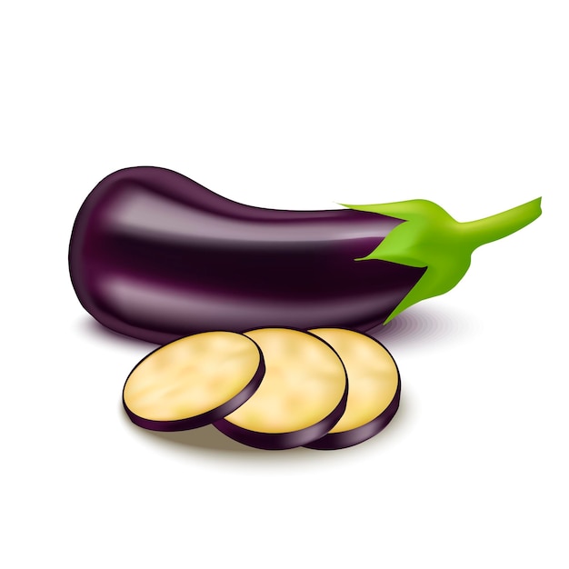 Realistic Detailed 3d Eggplant and Slice Vector