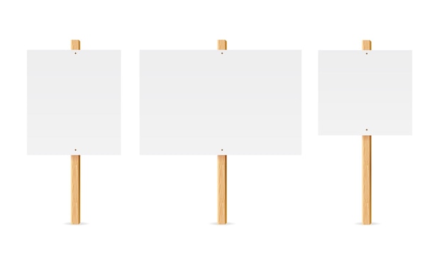 Realistic Detailed 3d Empty Template Mockup Table or Board Protest on Wood Stick Set Vector illustration