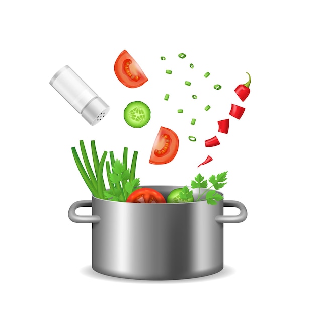 Realistic Detailed 3d Food Ingredients Fly Pot Include of Tomato Onion Pepper Parsley and Green Cucumber Vector illustration