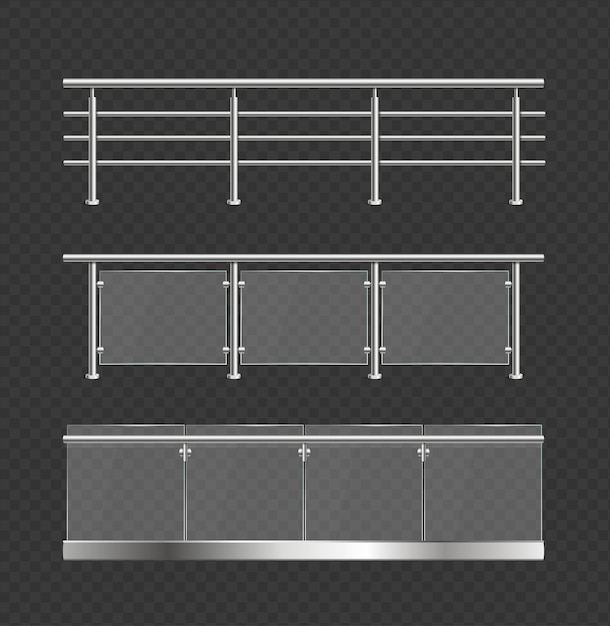 Realistic Detailed 3d Glass Balustrade or Barrier with Metal Handrails Set Construction Frame for Architecture Design Vector illustration of Border