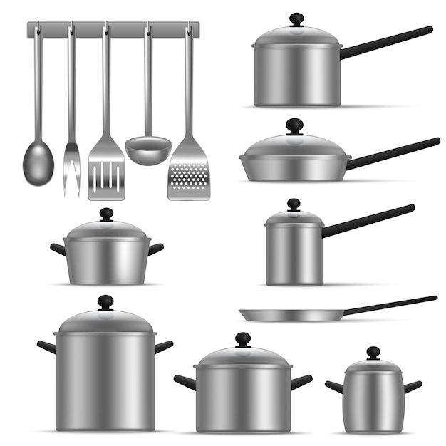 Realistic Detailed 3d Kitchen Utensils Set Include of Pan and Saucepan Vector illustration of Utensil or Kitchenware Equipment