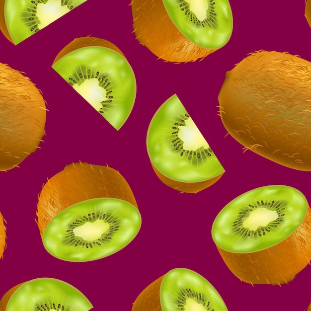 Realistic Detailed 3d Raw Whole Green Kiwi and Slices Seamless Pattern Background Ingredient of Juice Vector illustration of Kiwifruit and Parts