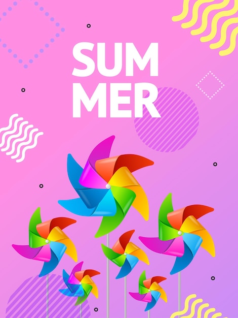 Realistic Detailed 3d Summer Concept Ad Poster Card with Realistic Detailed 3d Color Rotate Windmills Vector illustration