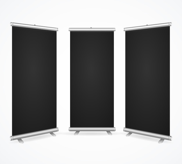 Realistic Detailed 3d Template Blank Black Scroll Banner Stand Mock Up Set Vector