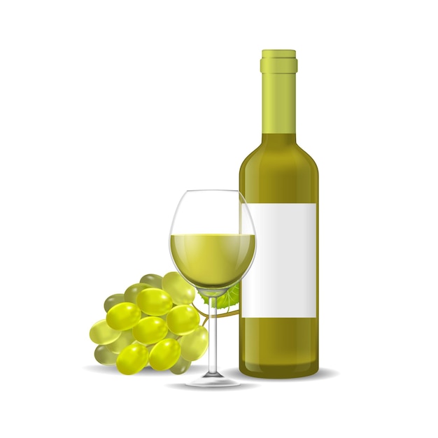 Realistic Detailed 3d Wine Bottle Bunch Of Grapes and Wineglass Alcohol Beverage for Celebration Vector illustration of Bottle