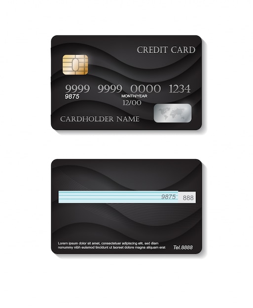 Realistic detailed credit cards set with black abstract background. Front and back side template