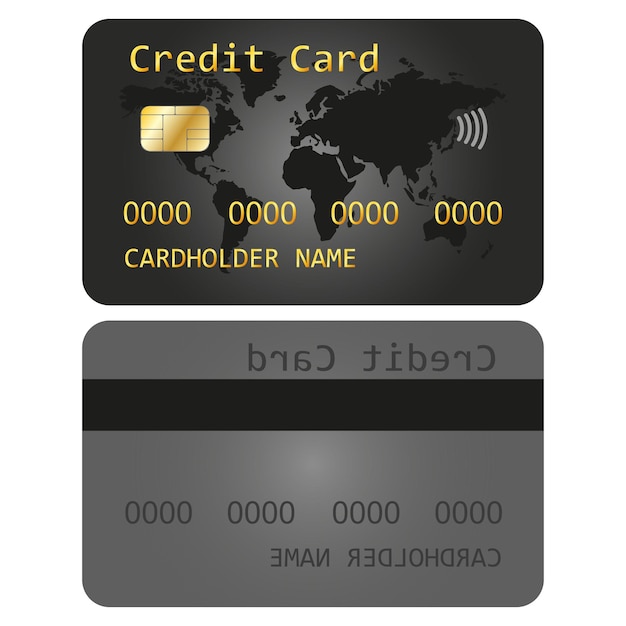 Vector realistic detailed debit card, credit card design template. atm card layout with gold metallic gradient and black stripe. bilateral construction. isolated on white background. vector