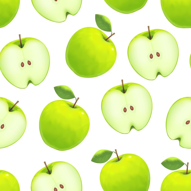 Realistic Detailed Green Apple Background Pattern on a White Fresh Healthy Organic Fruit Raw Nutrition Vector illustration