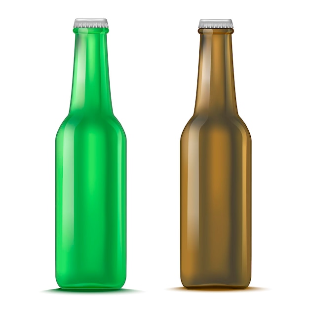 Realistic Detailed Green and Brown Glass Beer Bottle Liquid Alcohol Drink Isolated on White Background. Vector illustration